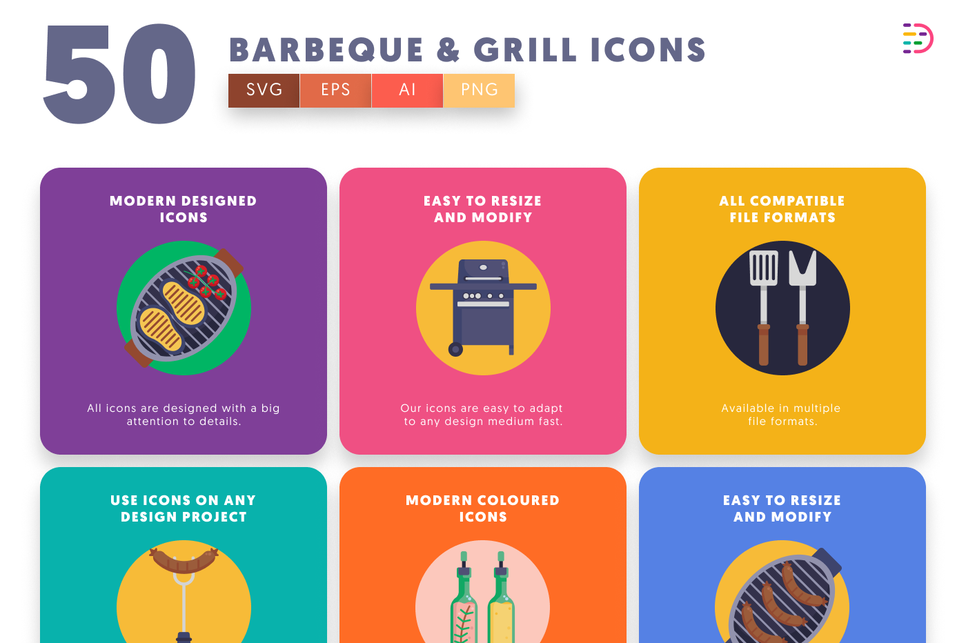 50 Barbeque and Grill Icons preview 5 – flat circle icons in PNG, SVG and EPS