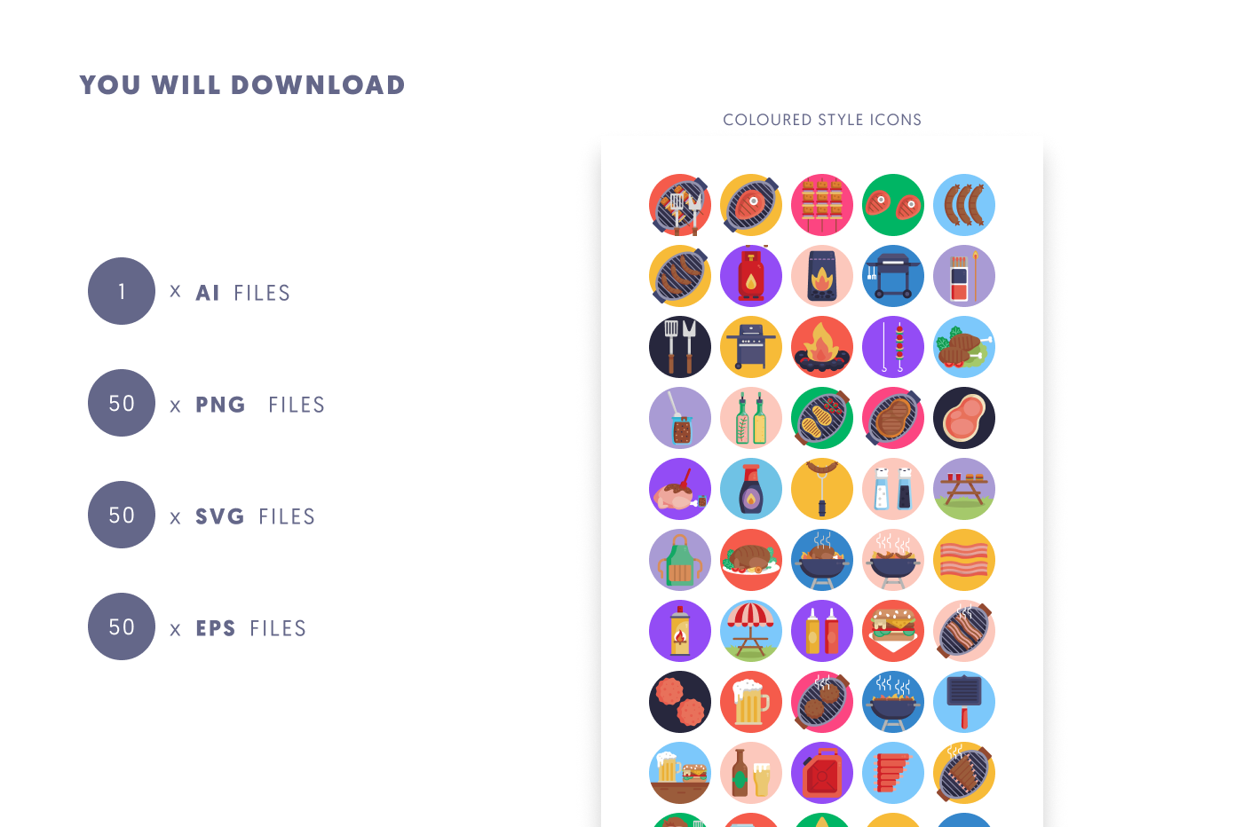 50 Barbeque and Grill Icons preview 9 – flat circle icons in PNG, SVG and EPS