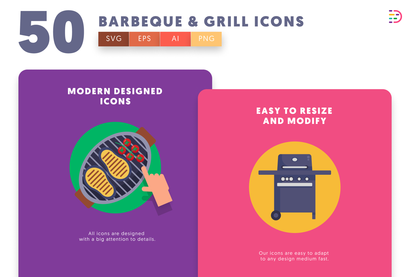 50 Barbeque and Grill Icons cover – flat circle icons in PNG, SVG and EPS