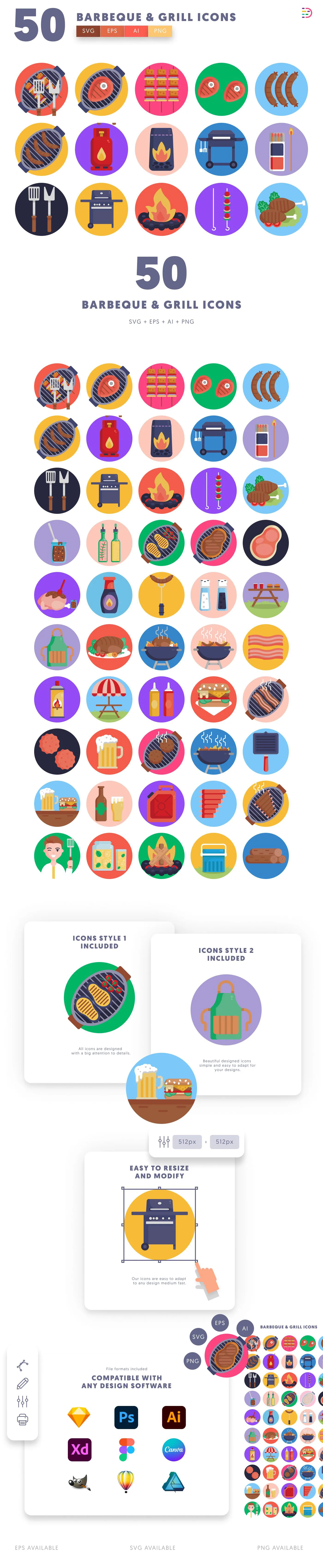 50 Barbeque and Grill Icons cover – flat circle icons in PNG, SVG and EPS