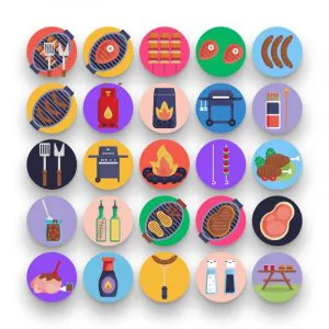 50 Barbeque and Grill Icons – set of colorful flat circle icons