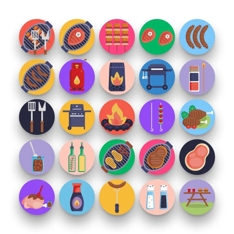 50 Barbeque and Grill Icons – set of colorful flat circle icons