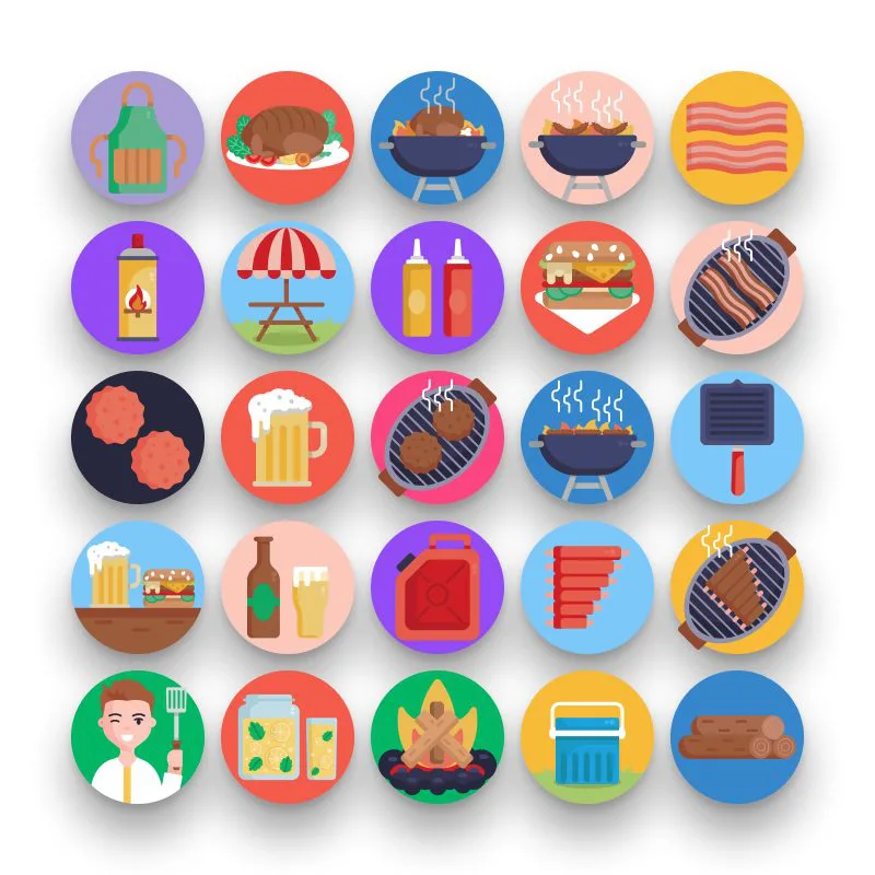 50 Barbeque and Grill Icons – set of colorful flat circle icons