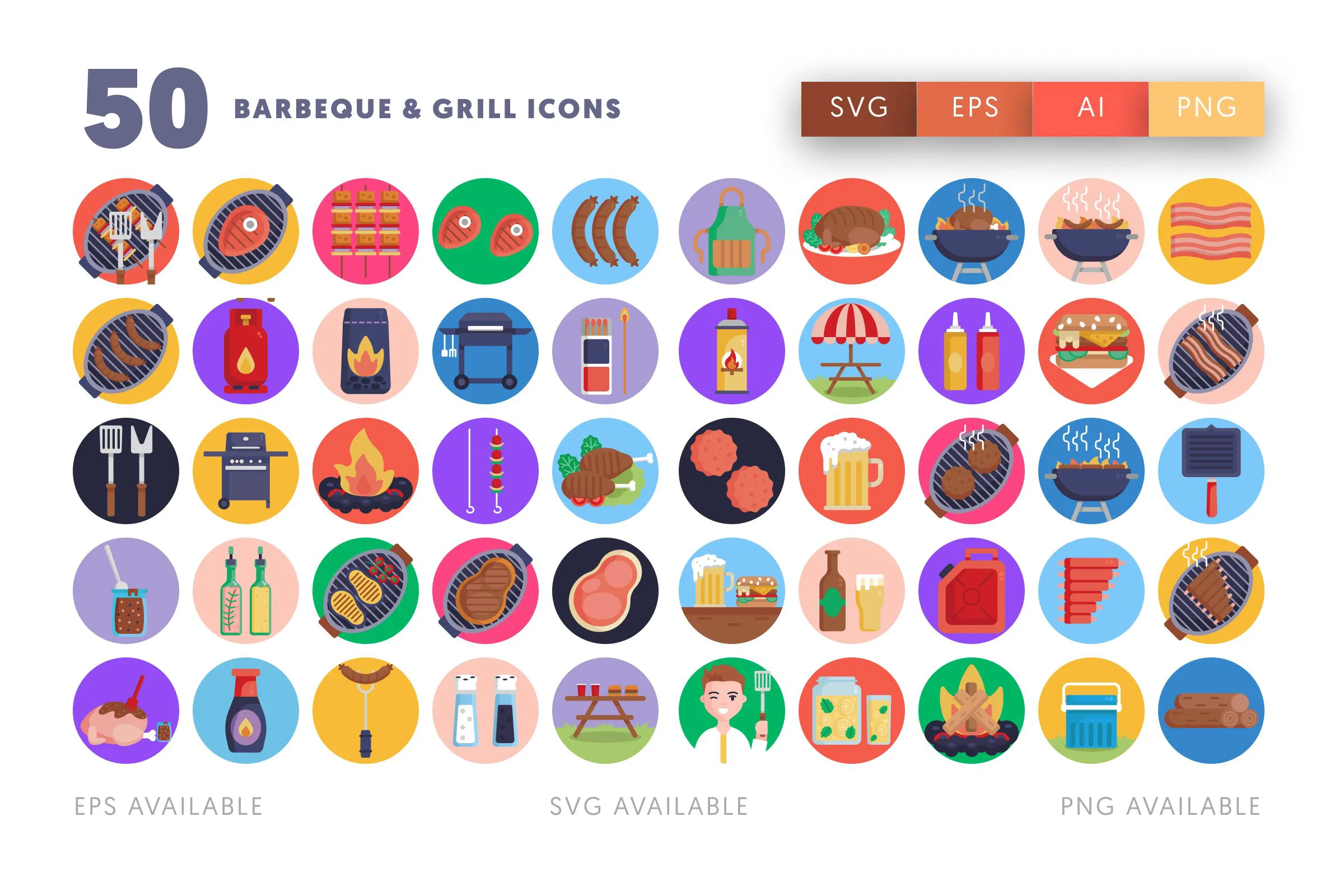 50 Barbeque and Grill Icons – flat circle icon set