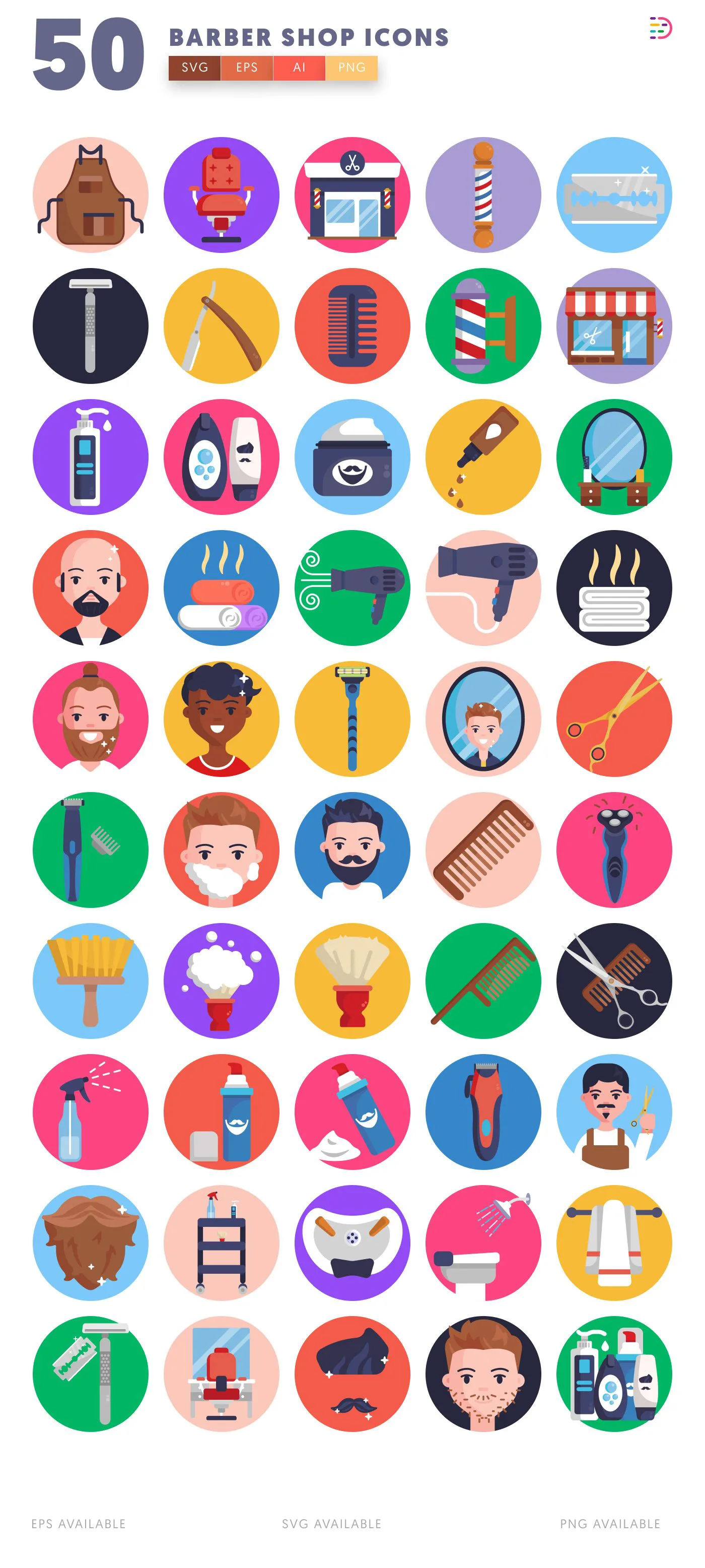 50 Barber Shop Icons – set of colorful flat circle icons