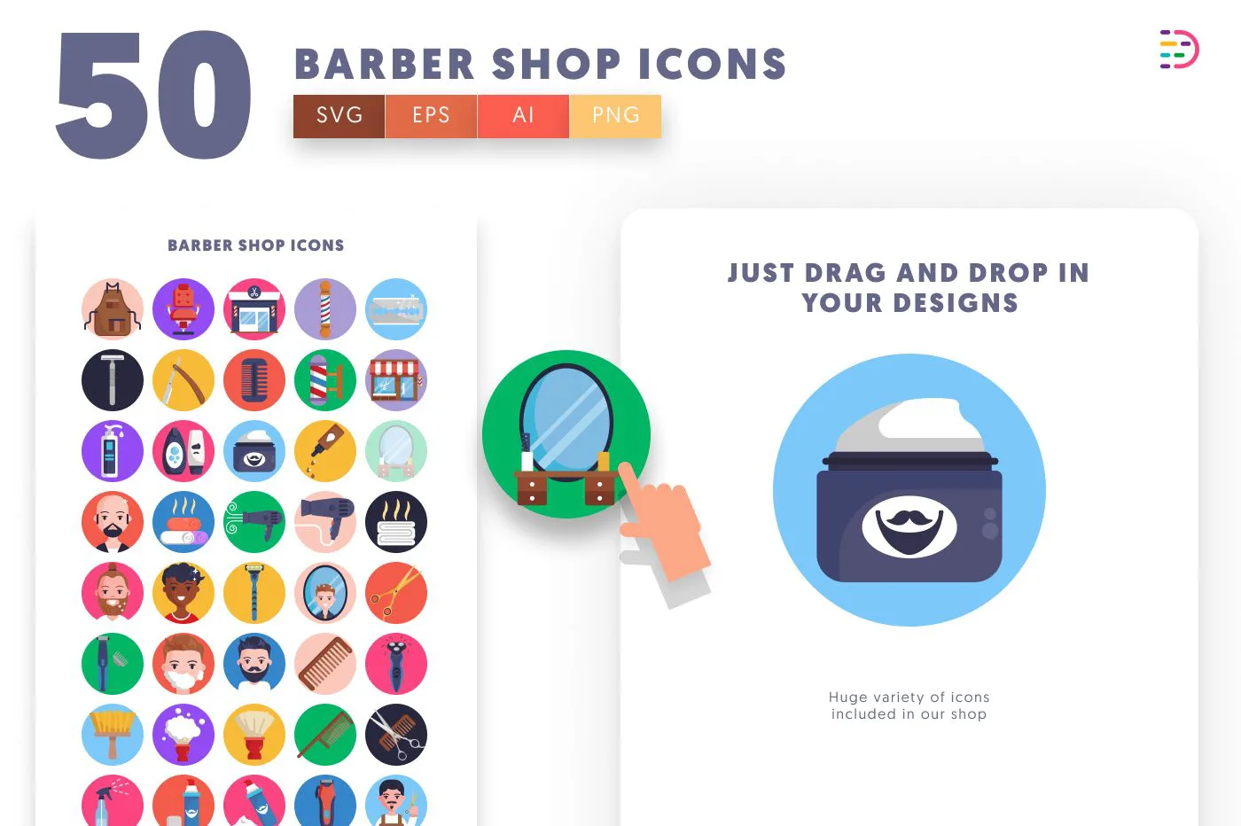 50 Barber Shop Icons – set of colorful flat circle icons