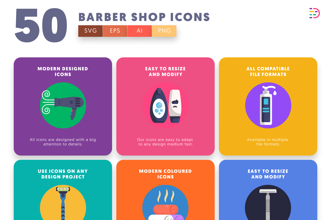 50 Barber Shop Icons – set of colorful flat circle icons