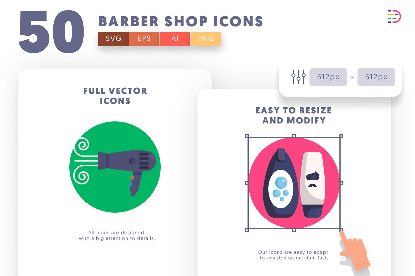 50 Barber Shop Icons – set of colorful flat circle icons