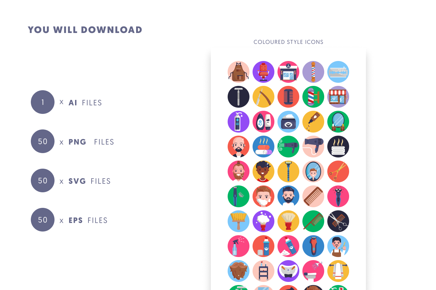 50 Barber Shop Icons – set of colorful flat circle icons