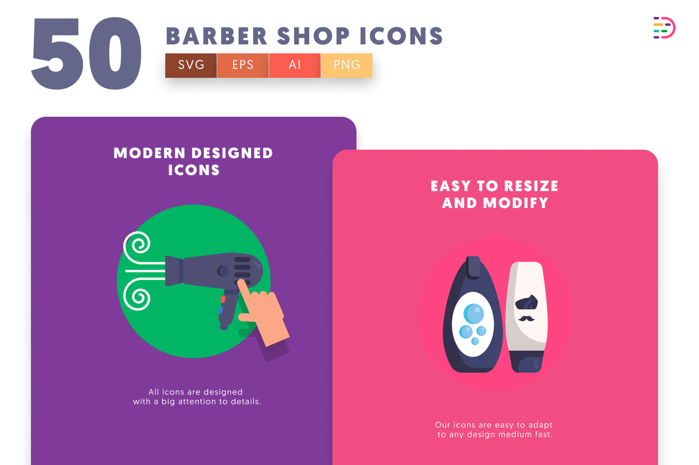 50 Barber Shop Icons – set of colorful flat circle icons