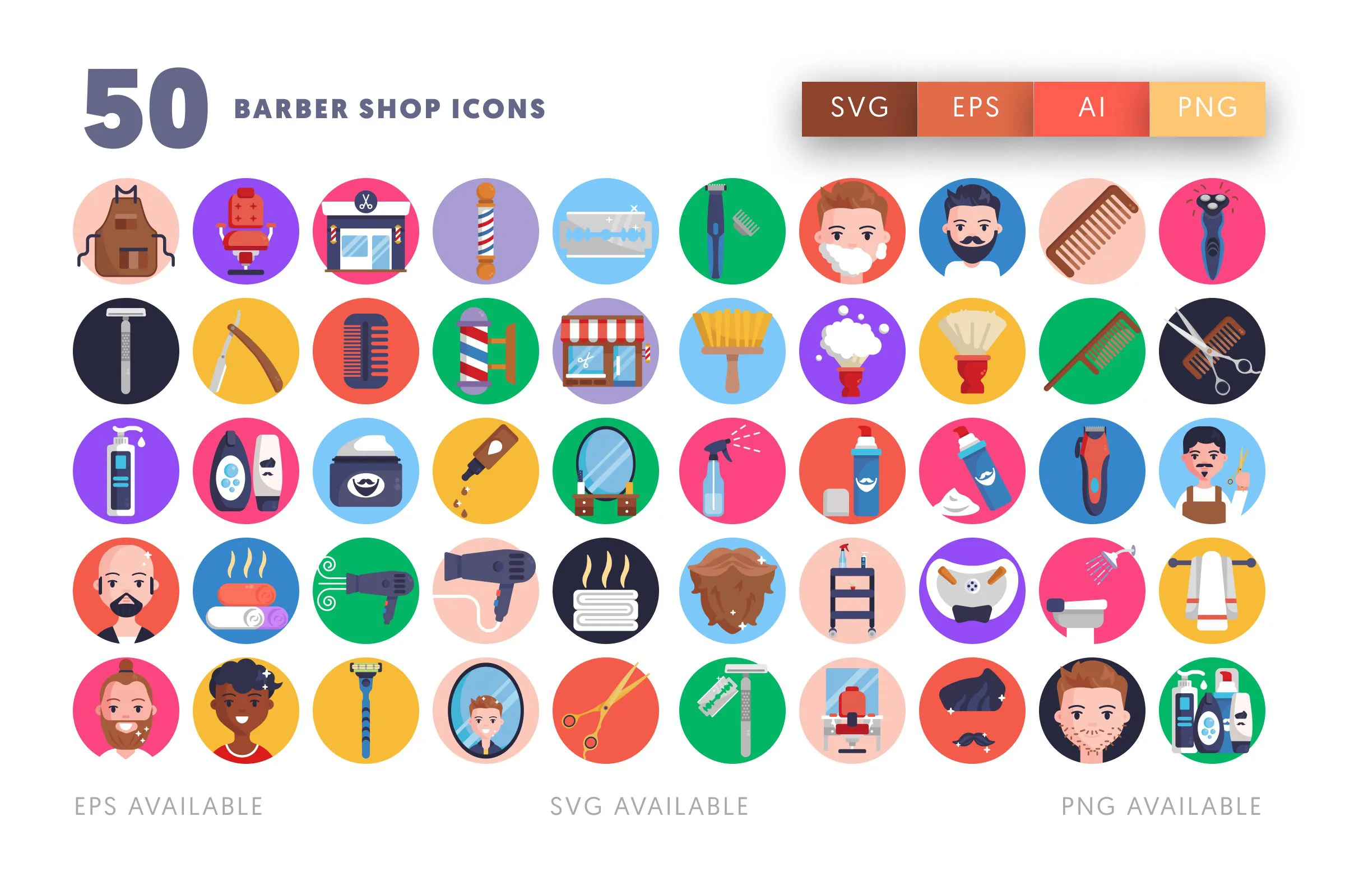 50 Barber Shop Icons – set of colorful flat circle icons