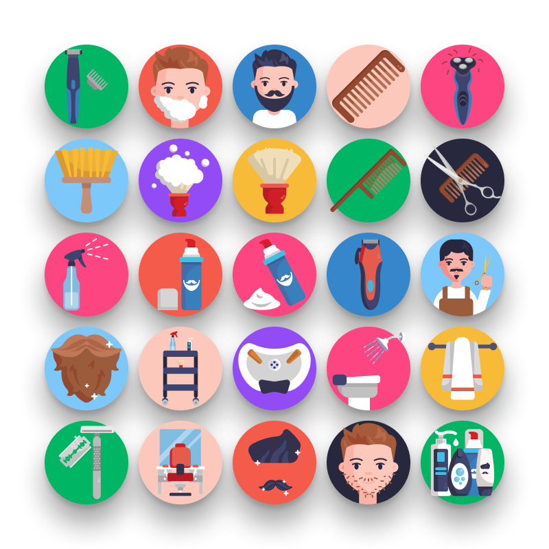 50 Barber Shop Icons – set of colorful flat circle icons