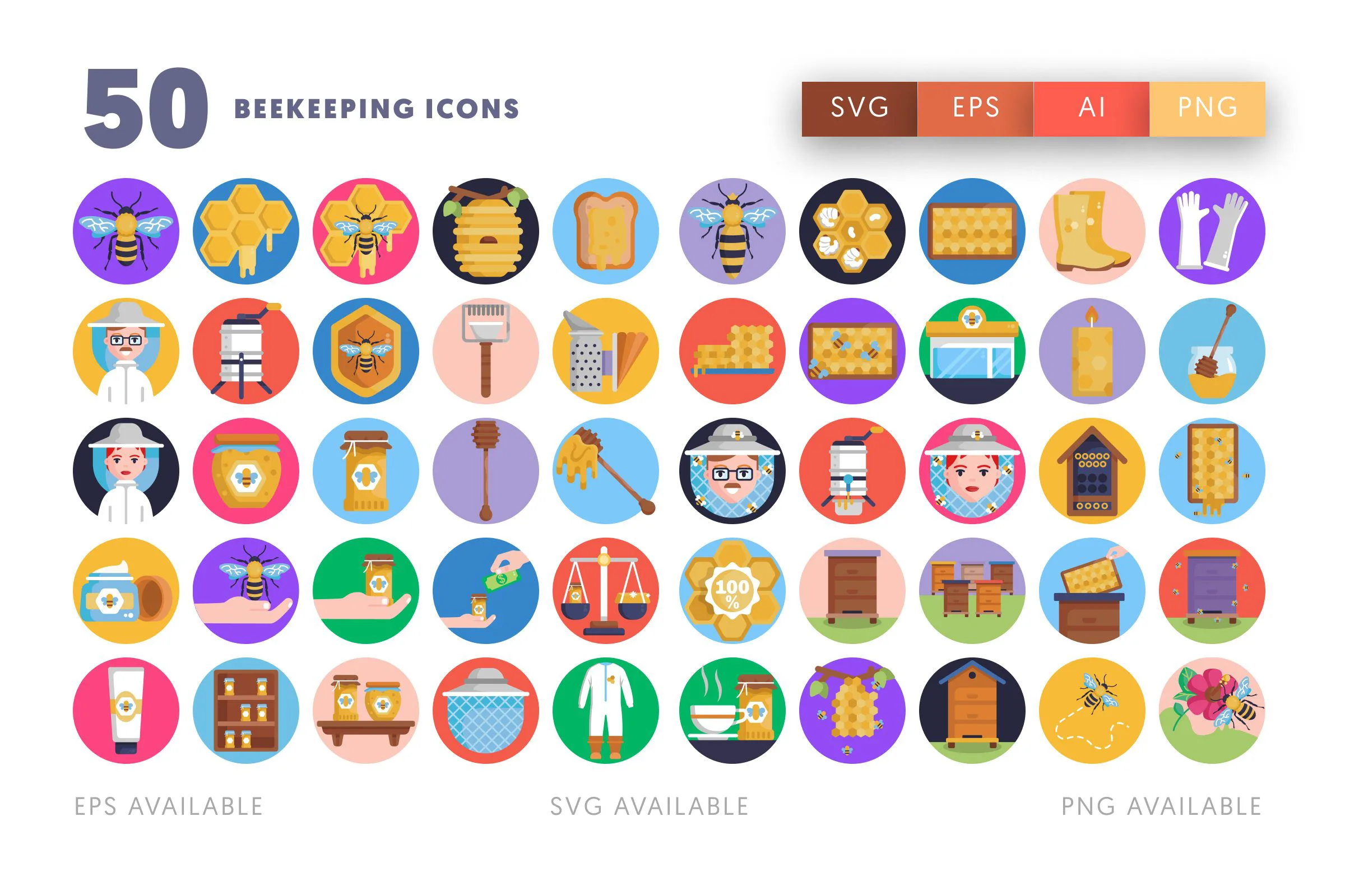 50 Beekeeping Icons – flat circle icon set