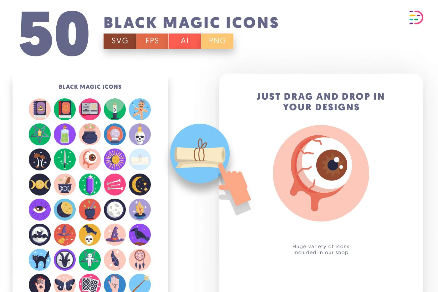50 Black Magic Icons preview 1 – flat circle icons in PNG, SVG and EPS