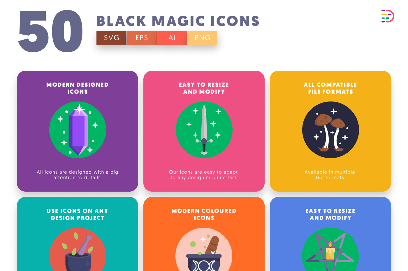 50 Black Magic Icons preview 5 – flat circle icons in PNG, SVG and EPS