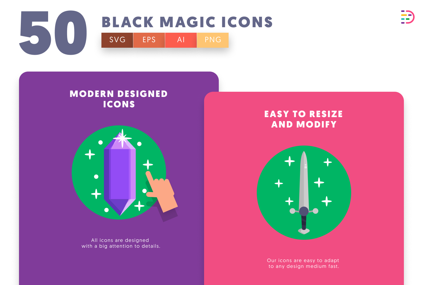 50 Black Magic Icons cover – flat circle icons in PNG, SVG and EPS