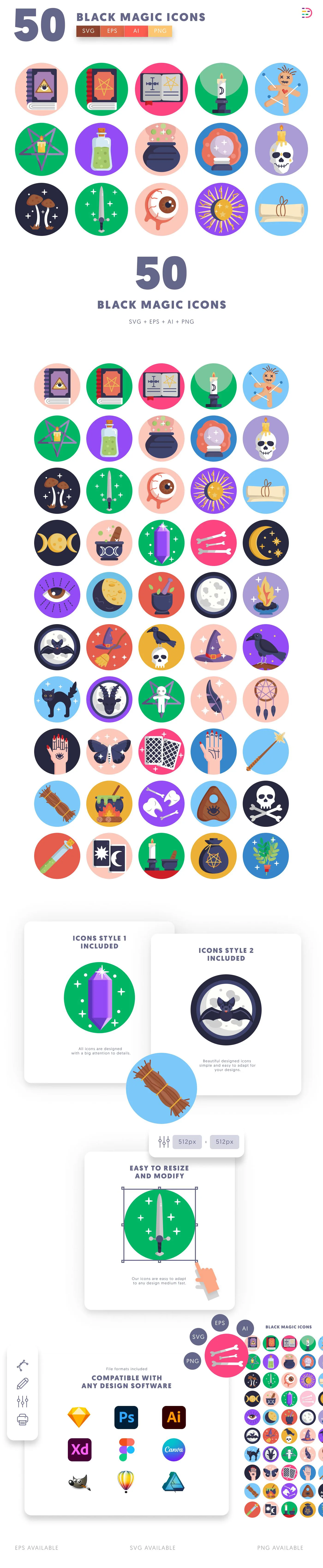 50 Black Magic Icons cover – flat circle icons in PNG, SVG and EPS
