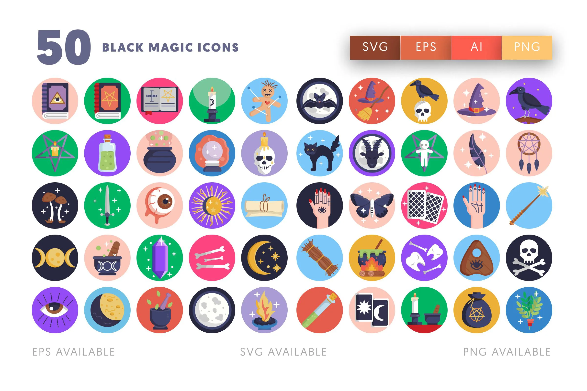 50 Black Magic Icons – flat circle icon set