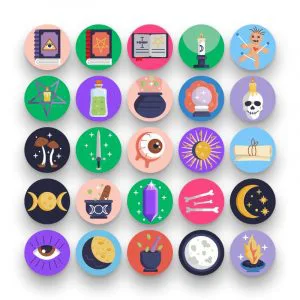 50 Black Magic Icons – set of colorful flat circle icons