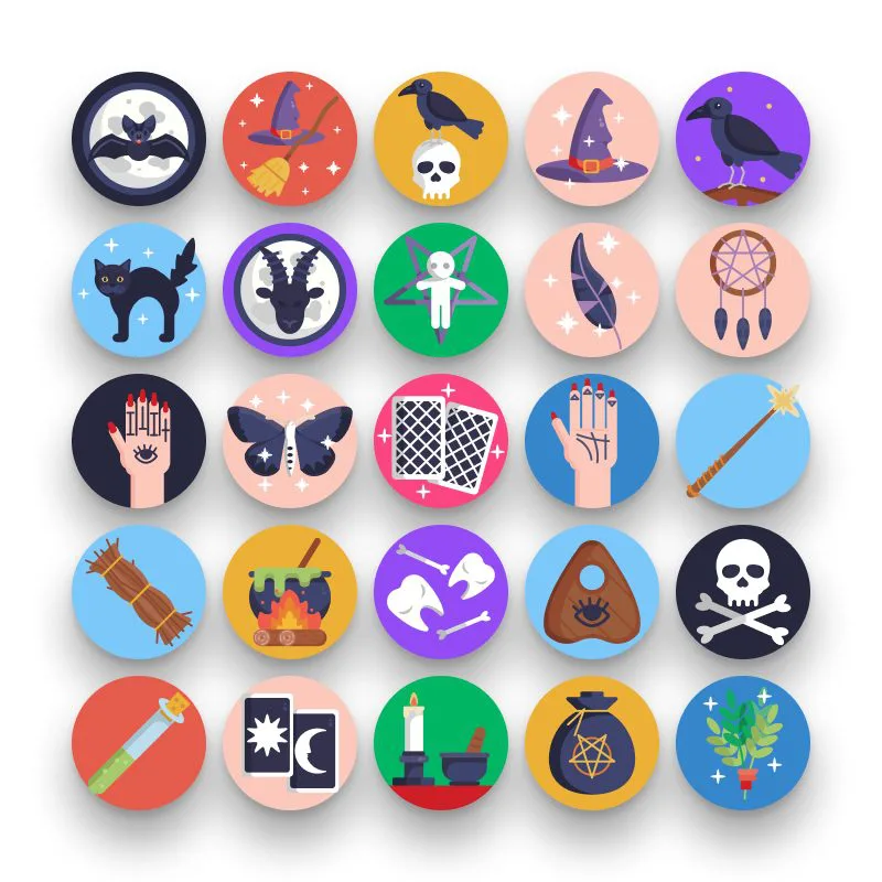50 Black Magic Icons – set of colorful flat circle icons