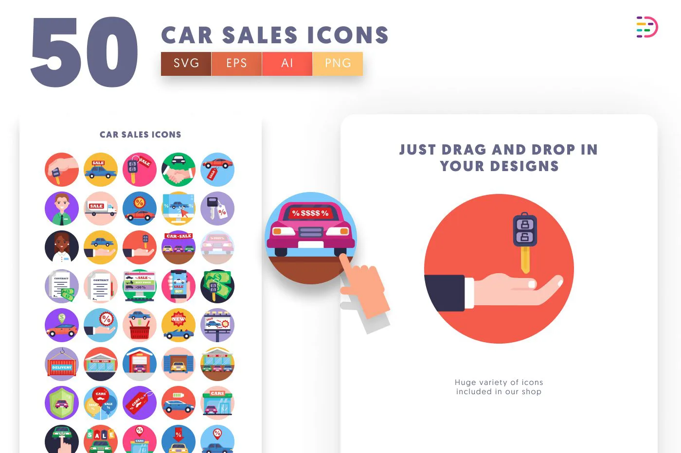 50 Car Sales Icons preview 1 – flat circle icons in PNG, SVG and EPS