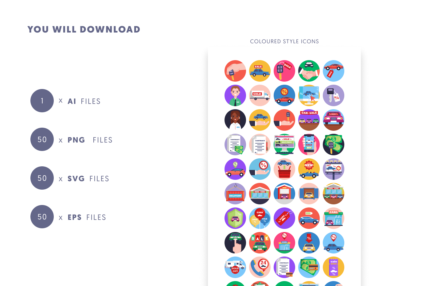 50 Car Sales Icons preview 9 – flat circle icons in PNG, SVG and EPS