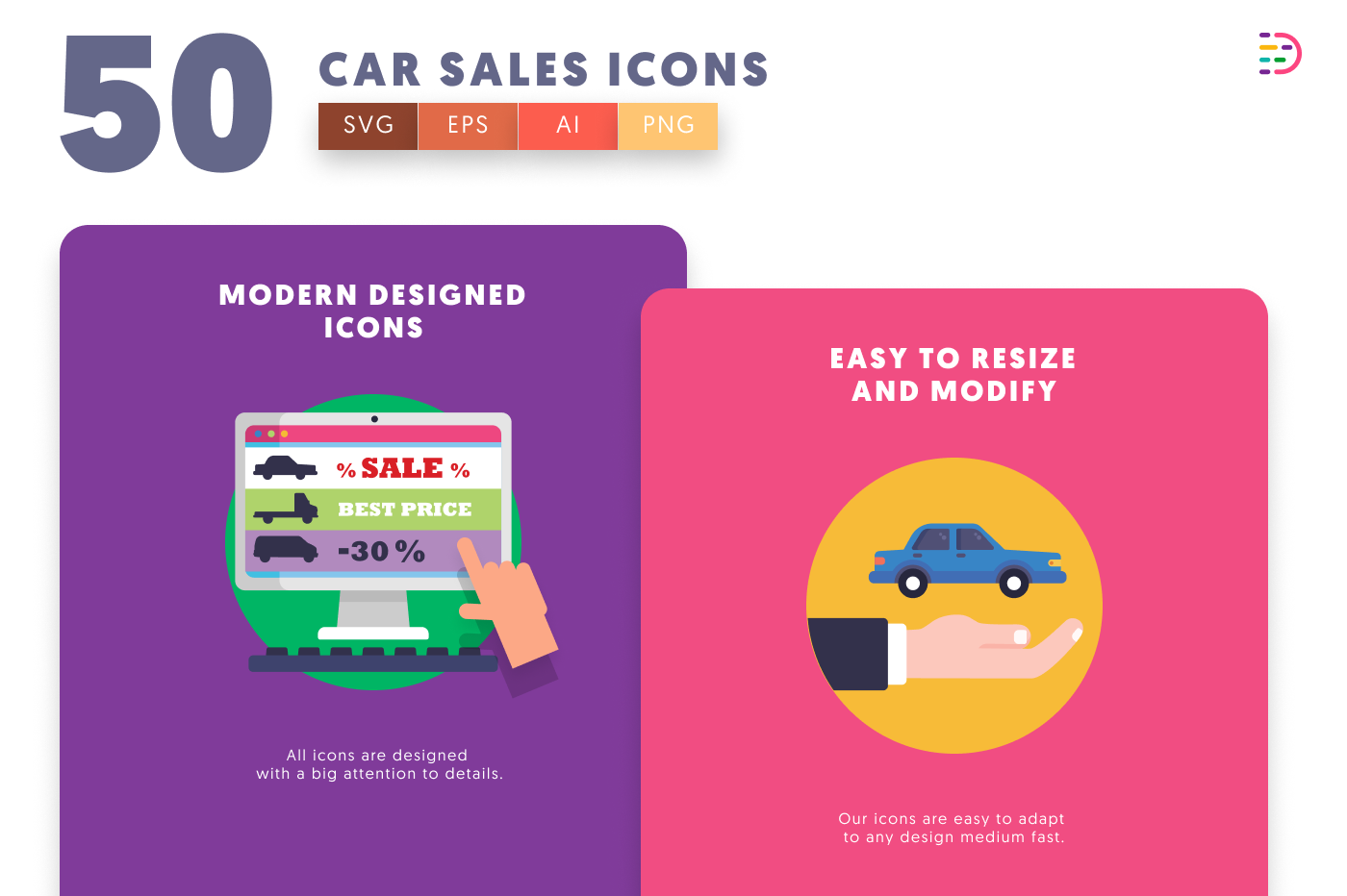 50 Car Sales Icons cover – flat circle icons in PNG, SVG and EPS