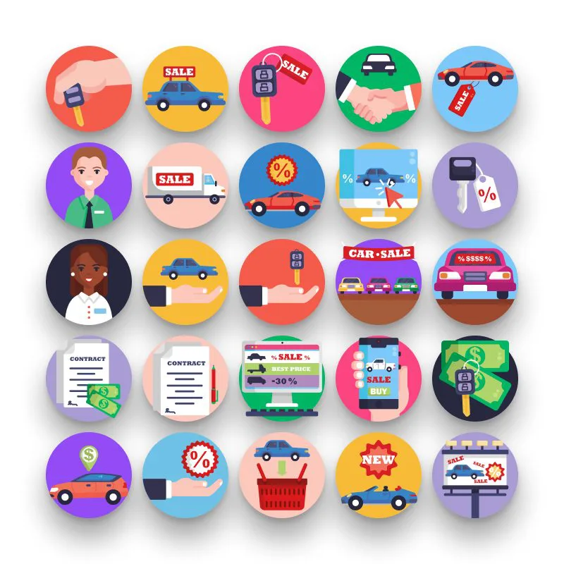 50 Car Sales Icons – set of colorful flat circle icons