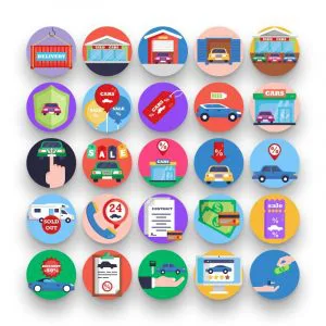50 Car Sales Icons – set of colorful flat circle icons