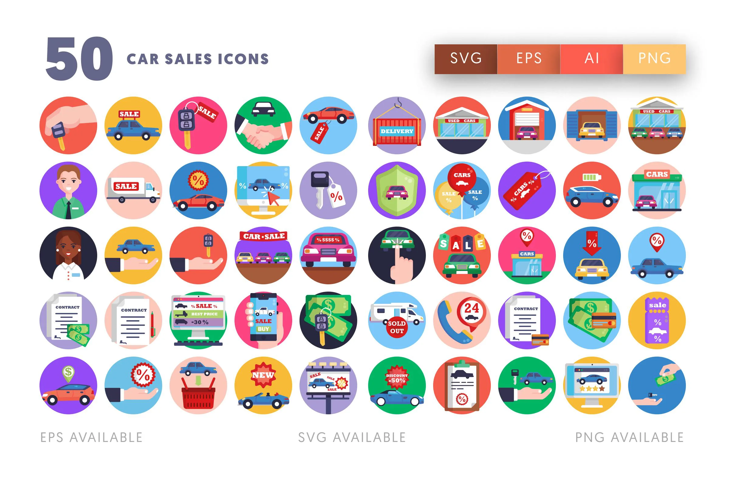 50 Car Sales Icons – flat circle icon set