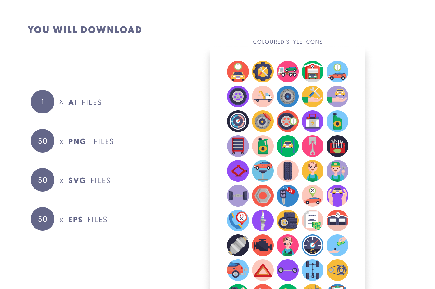50 Car Service Icons preview 9 – flat circle icons in PNG, SVG and EPS