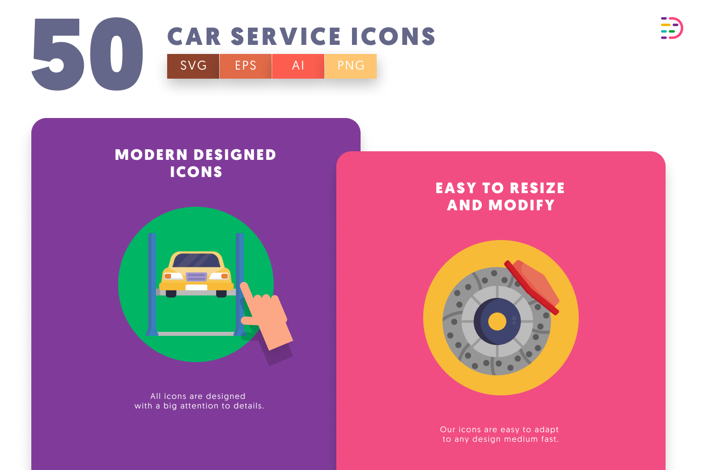 50 Car Service Icons cover – flat circle icons in PNG, SVG and EPS