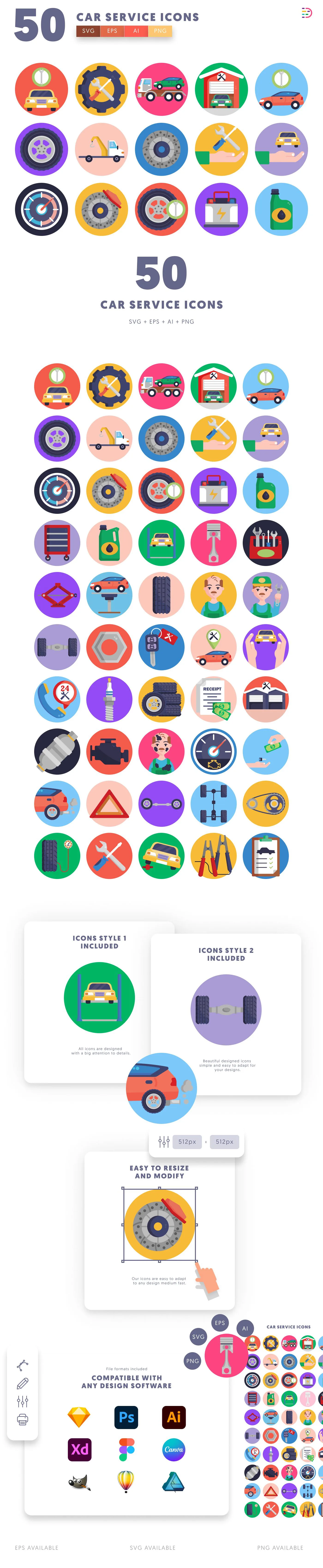 50 Car Service Icons cover – flat circle icons in PNG, SVG and EPS