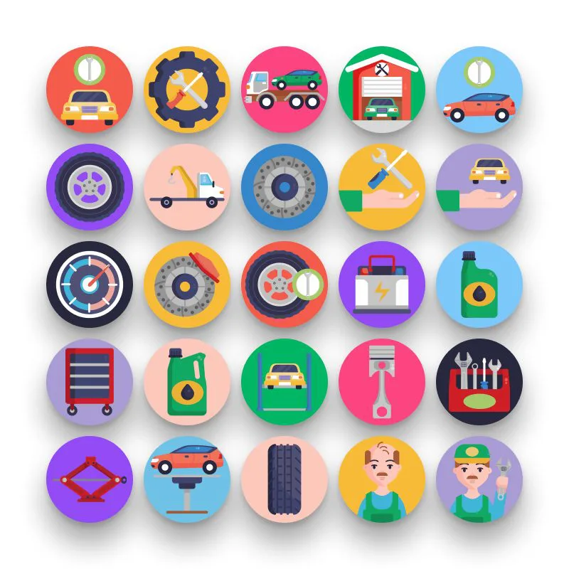 50 Car Service Icons – set of colorful flat circle icons