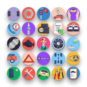 50 Car Service Icons – set of colorful flat circle icons