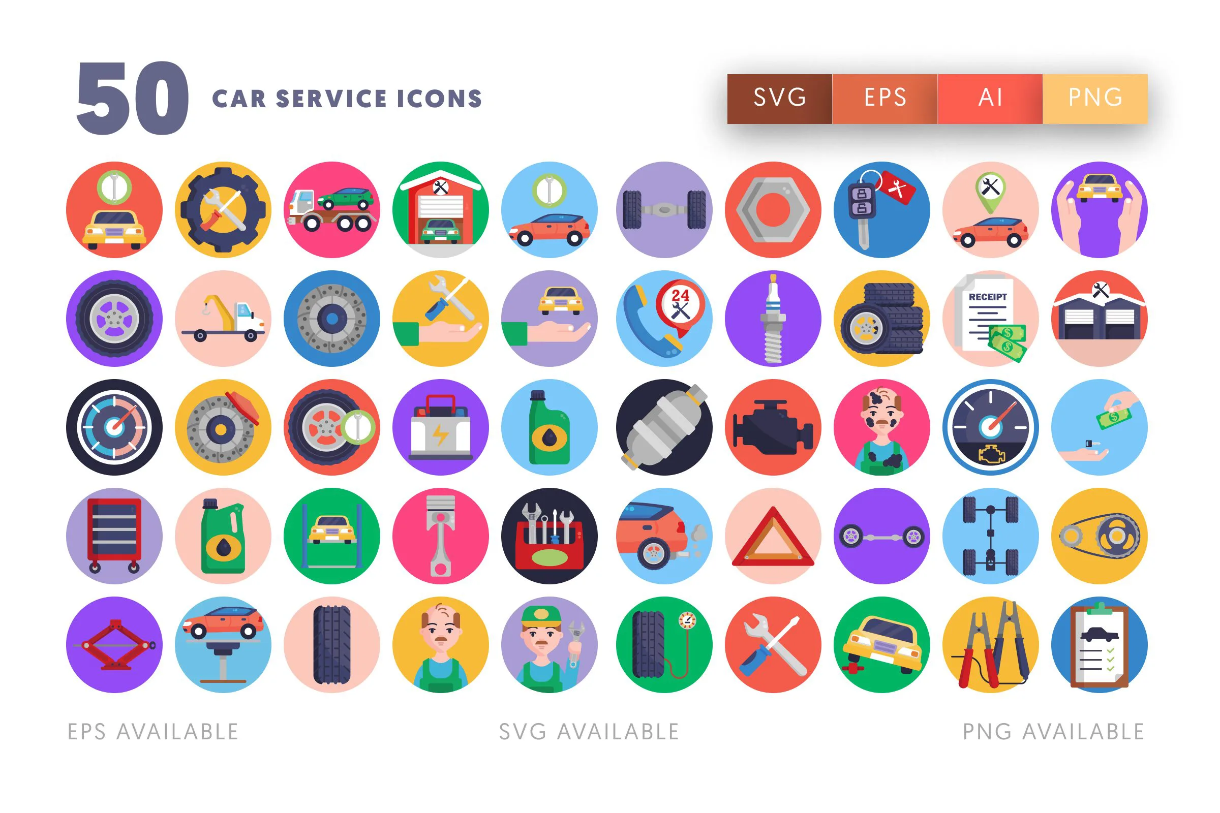 50 Car Service Icons – flat circle icon set