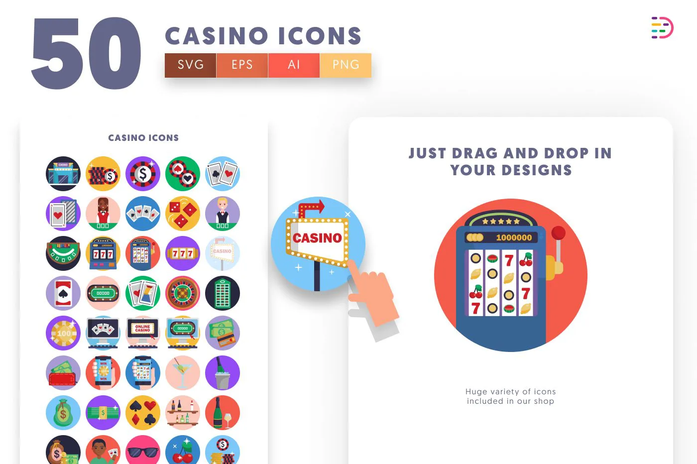 50 Casino Icons preview 1 – flat circle icons in PNG, SVG and EPS