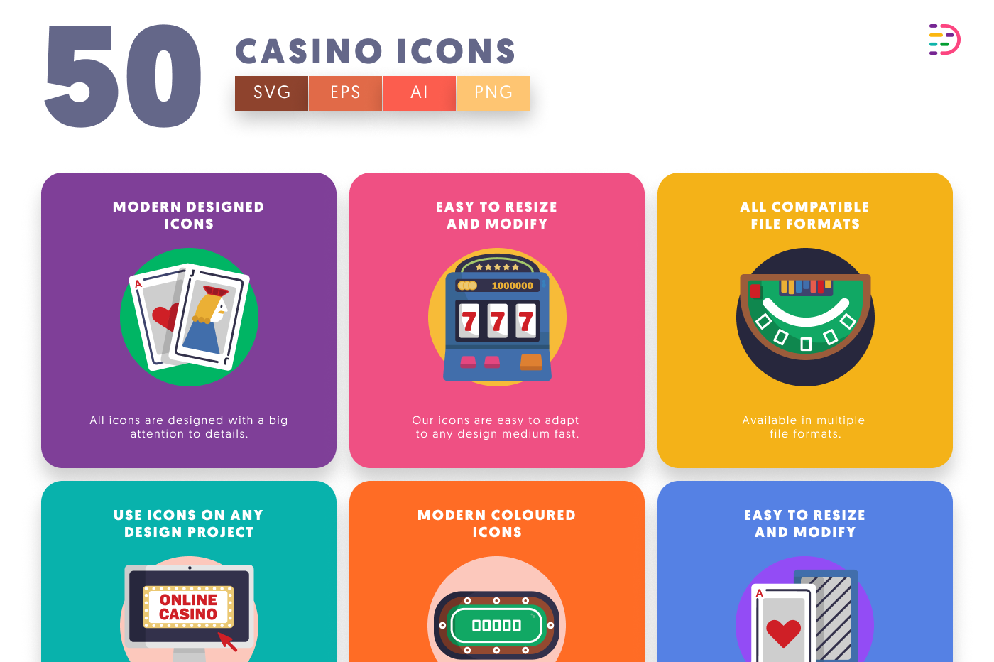 50 Casino Icons preview 5 – flat circle icons in PNG, SVG and EPS