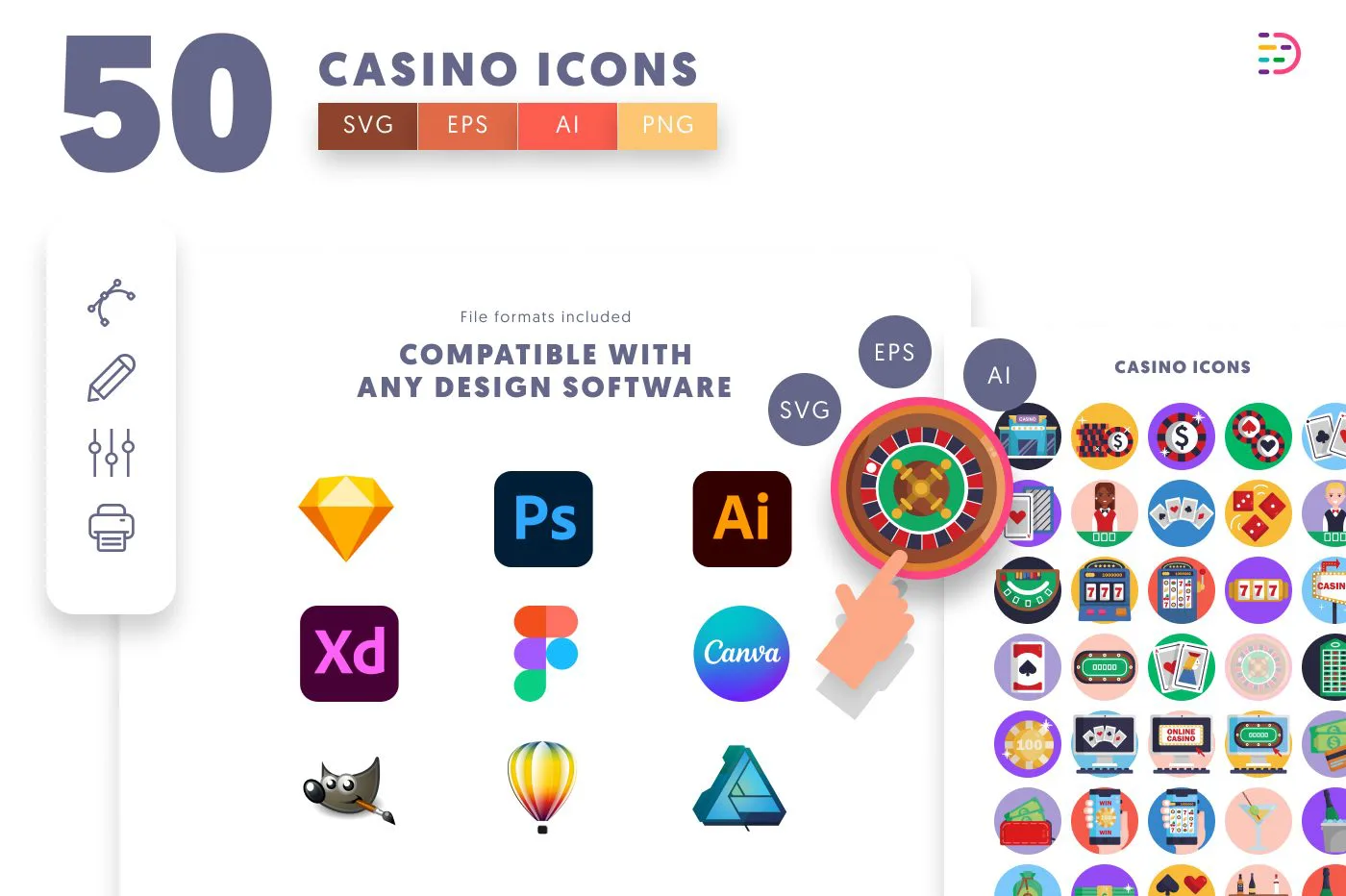 50 Casino Icons preview 8 – flat circle icons in PNG, SVG and EPS