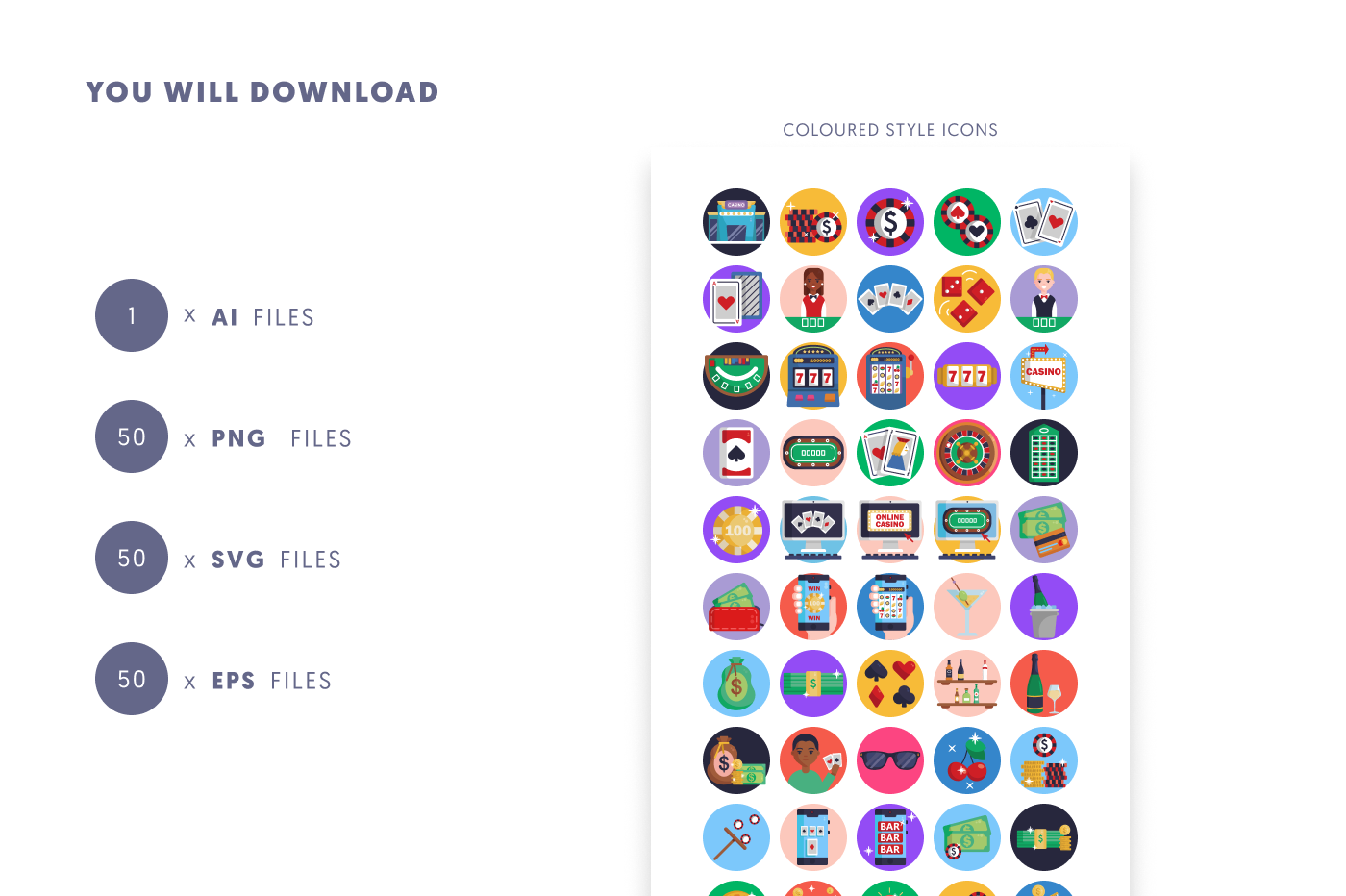 50 Casino Icons preview 9 – flat circle icons in PNG, SVG and EPS