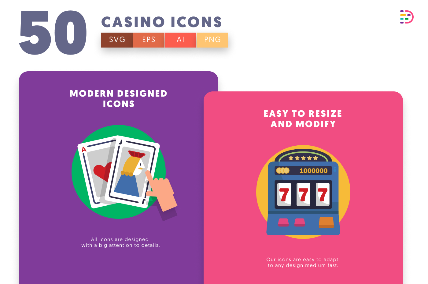 50 Casino Icons cover – flat circle icons in PNG, SVG and EPS