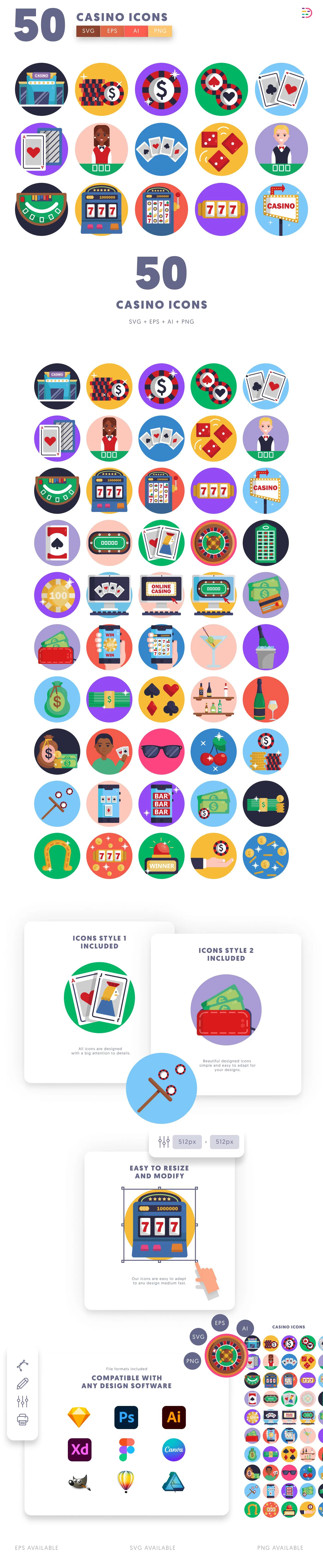 50 Casino Icons cover – flat circle icons in PNG, SVG and EPS