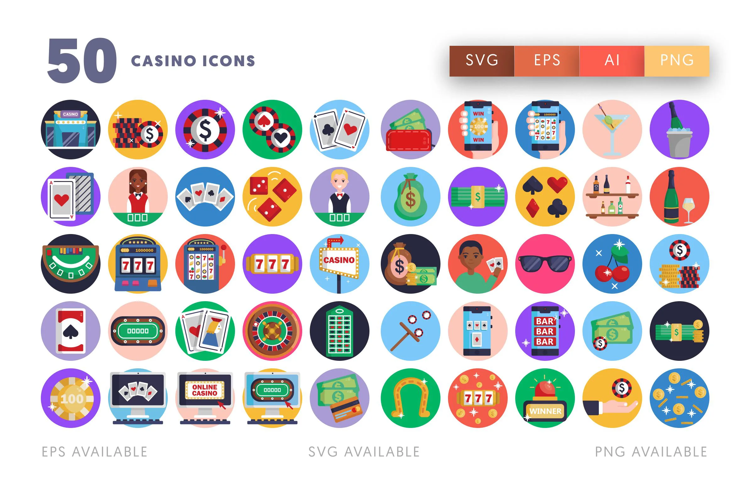 50 Casino Icons – flat circle icon set