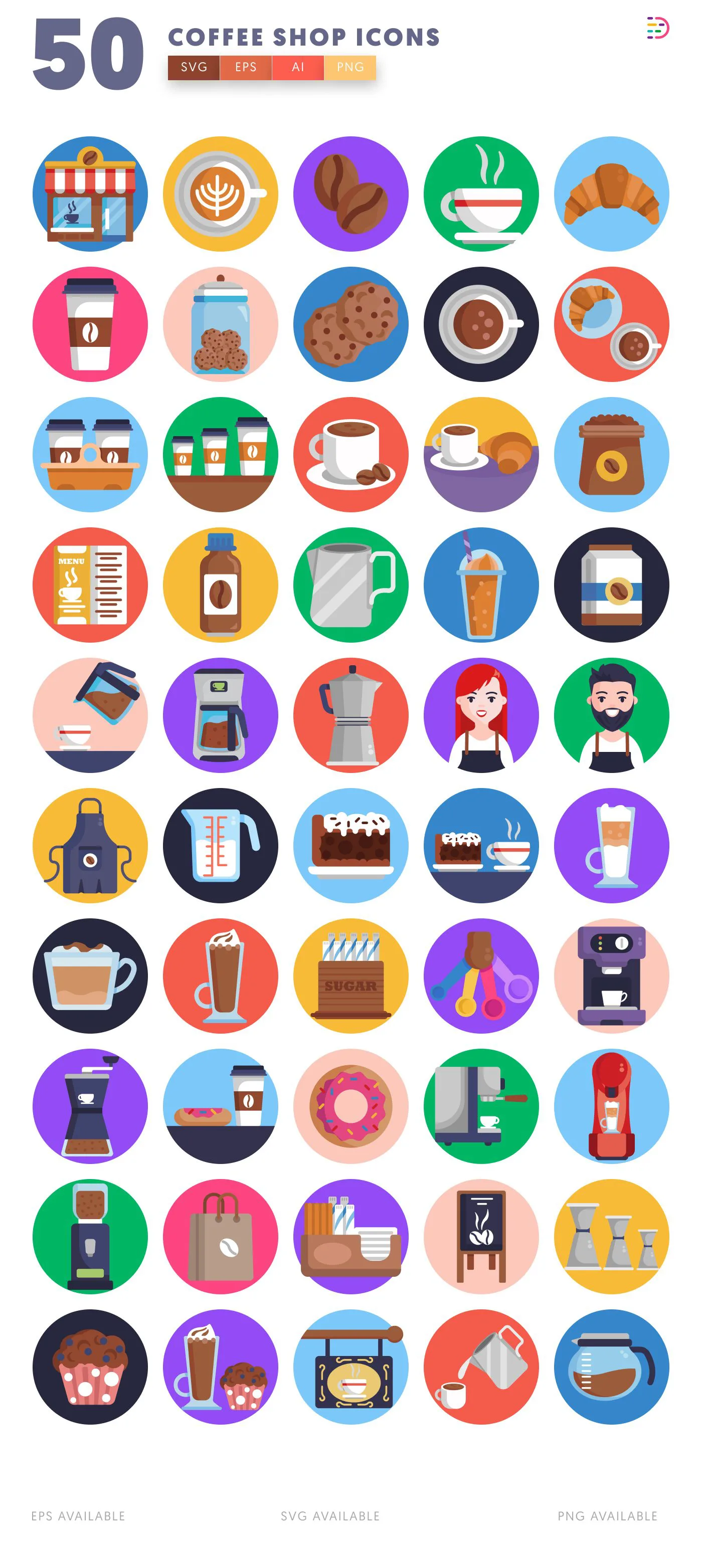 50 Coffee Shop Icons – set of colorful flat circle icons