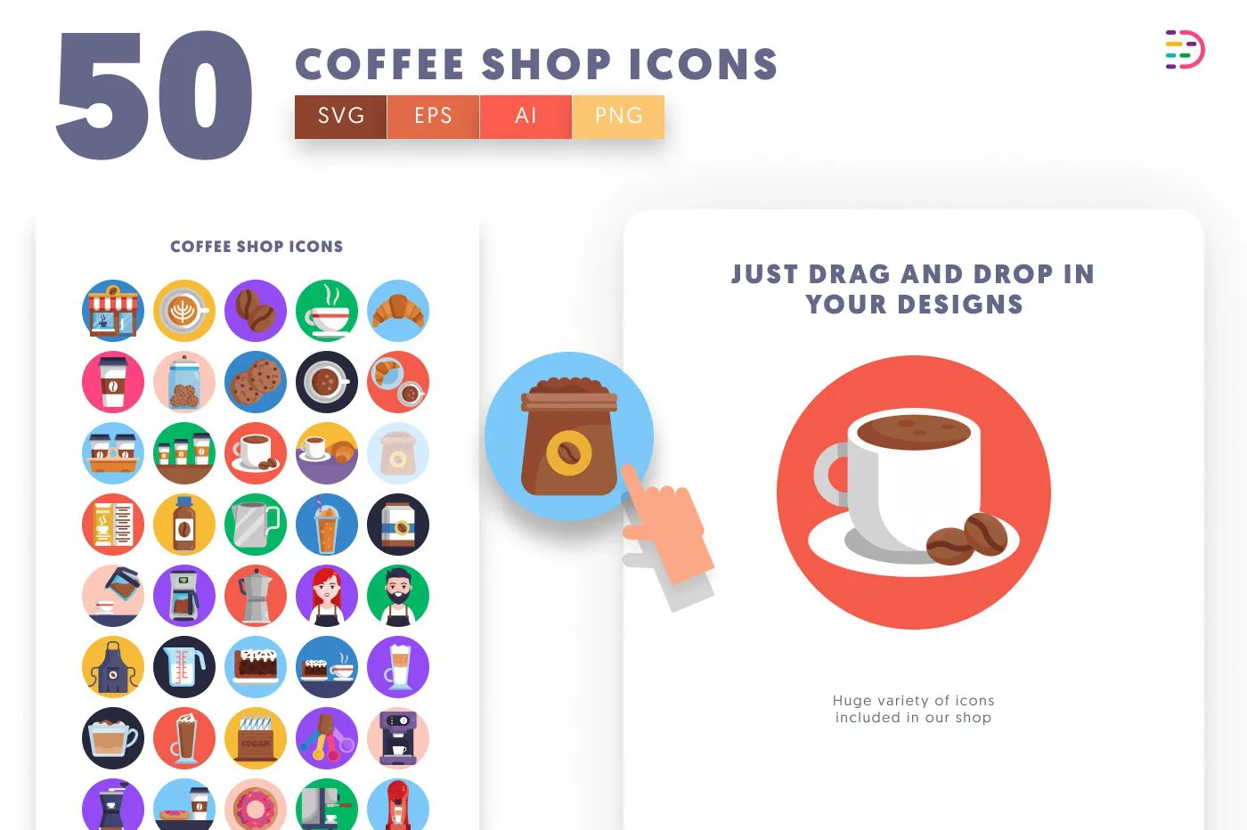 50 Coffee Shop Icons – set of colorful flat circle icons