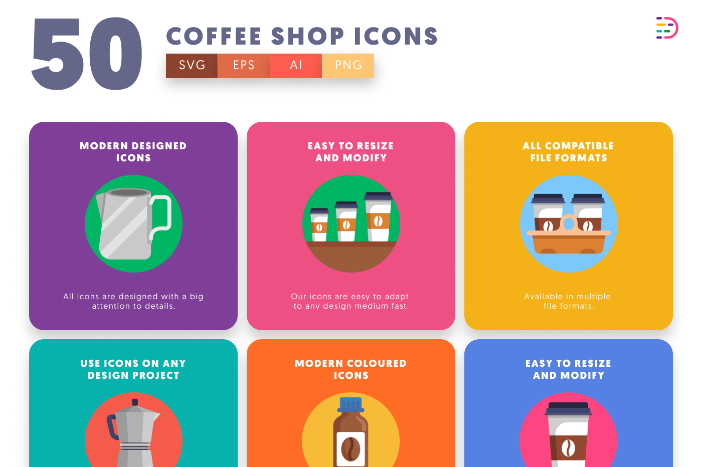 50 Coffee Shop Icons – set of colorful flat circle icons