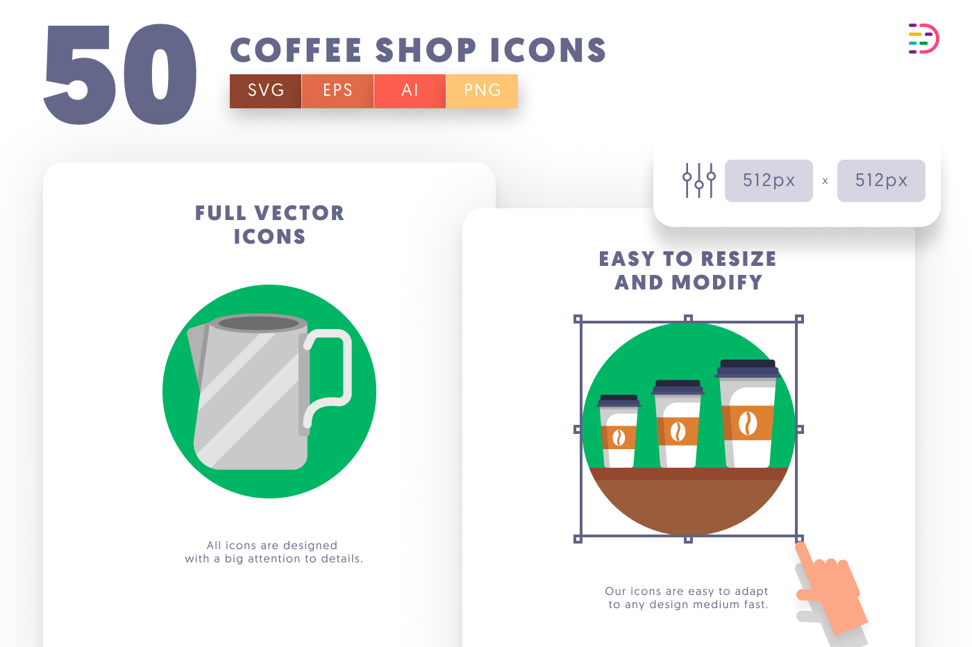 50 Coffee Shop Icons – set of colorful flat circle icons