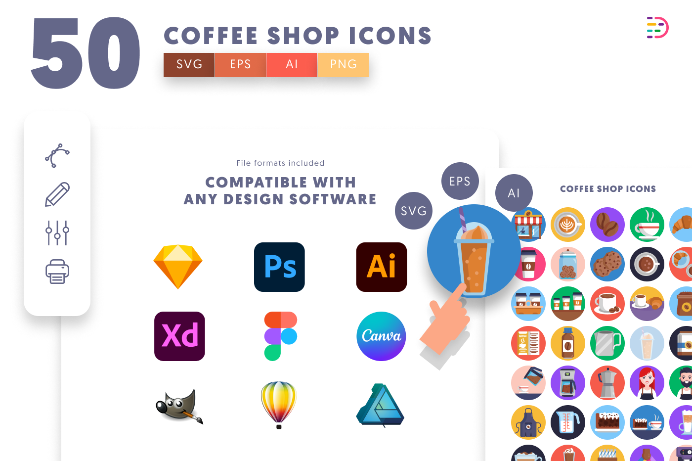 50 Coffee Shop Icons – set of colorful flat circle icons