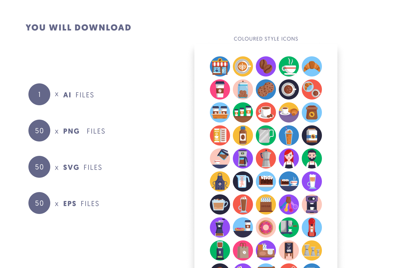 50 Coffee Shop Icons – set of colorful flat circle icons