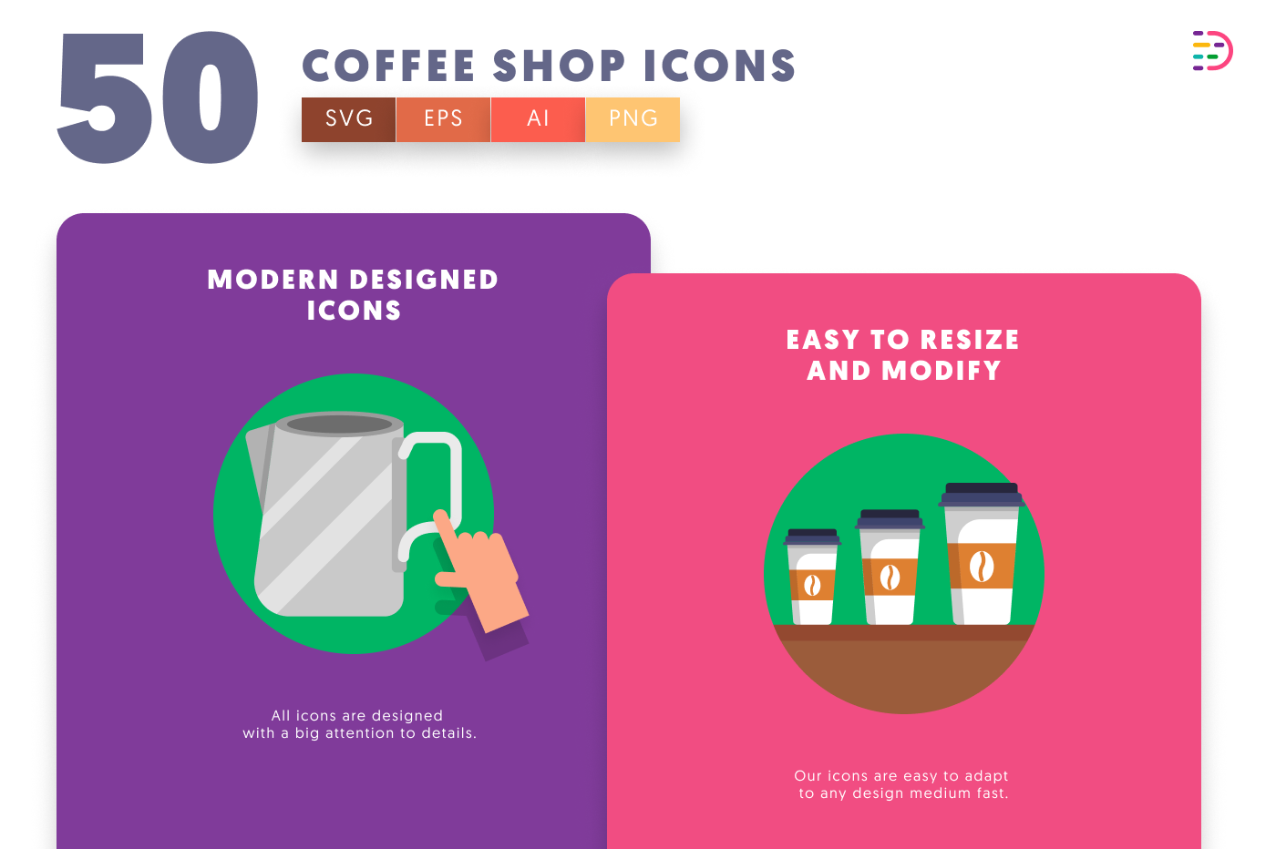 50 Coffee Shop Icons – set of colorful flat circle icons